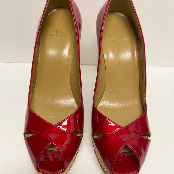 STUART WEITZMAN  Red Patent Leather Platform Peeptoe Pump Sz9 New - Picture 2 of 5